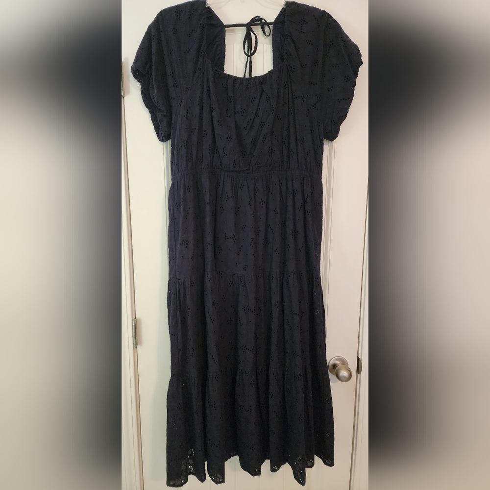 Skies Are Blue Women's Navy Cotton Eyelet Ruffled Tiered Midi Dress 1X Lined